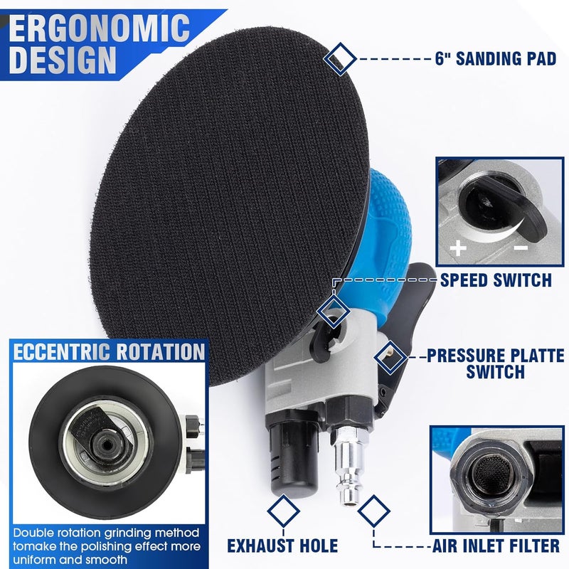 PUIMIT 6" Air Sander Kit - Garage-Ready Dual Action Tool, Car Detailing & Woodworking Hero | Palm-Sized Power w/Free Tool Kits - Image 2